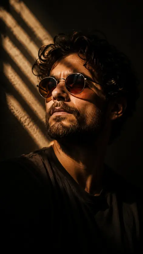 Create a cinematic close-up portrait of a man in his early 30s with messy curly hair and a short beard, his chin lifted slightly and his head turned toward a beam of light. He is wearing a dark casual t-shirt and round metal-framed tinted sunglasses. Diagonal slats of bright light fall across his face and the dark wall behind him, leaving the rest of the frame in deep shadow. The camera is at eye level, tight on his face and shoulders. Use warm amber light against a near-black background with strong contrast and a moody color grade. Shot with an 85mm lens, shallow depth of field. Use aspect ratio 9:16.