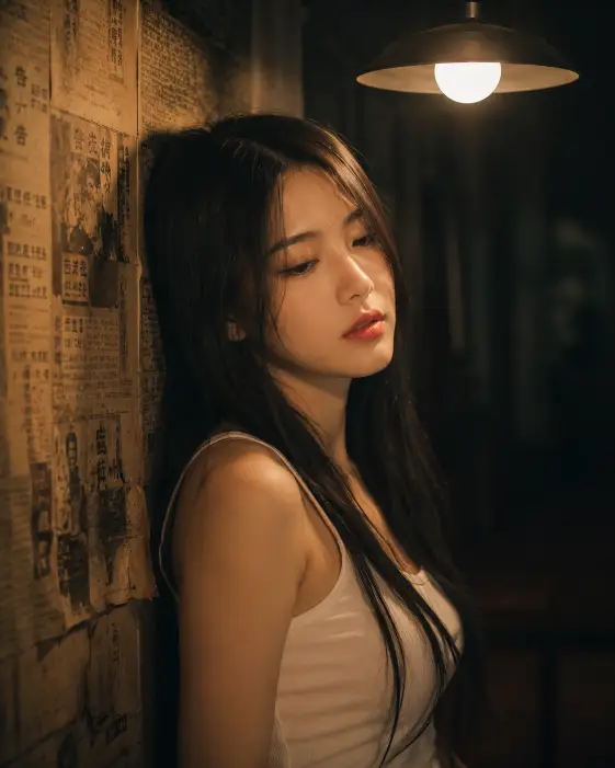 Create a cinematic portrait of a young woman with long straight dark hair leaning her shoulder against a wall covered in old newspaper print. She is wearing a simple light tank top, her face tilted slightly down with a calm, distant expression and soft red lips. A single hanging lamp glows just above her, casting a warm pool of light over her face and fading into shadow at the edges of the frame. The camera is at eye level, framing her from the chest up at a three-quarter angle. Use warm golden tones against cool dark shadows for a quiet, filmic mood. Shot with a 50mm lens. Use aspect ratio 4:5.