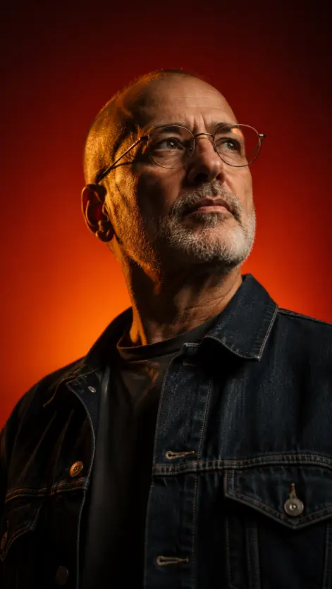 Create a cinematic studio portrait of an older man in his 60s with a short grey beard, thin metal-framed glasses, and a shaved head, his chin raised as he looks off to the upper side of the frame. He is wearing a dark denim jacket over a plain shirt. The background is a smooth gradient of deep red and orange with a glowing center behind him. The camera is at a slightly low angle looking up to give him a strong, dignified presence. Use dramatic side lighting with warm orange rim light along his face and rich shadow on the opposite side. Shot with a 50mm lens. Use aspect ratio 9:16.