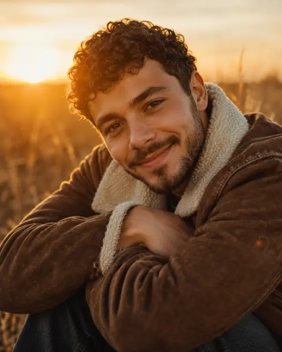 Create a cinematic portrait of a young man with short curly hair and a trimmed beard sitting in a dry grass field at sunset, his arms folded and resting on his knees while he leans in toward the camera with a warm, easy smile. He is wearing a brown suede sherpa-lined jacket. The background is a blurred golden field with the setting sun glowing behind him, creating a soft rim of light on his hair. The camera is at eye level, close on his face and forearms. Use warm golden-hour light with amber and honey tones and gentle lens flare. Shot with an 85mm lens, shallow depth of field. Use aspect ratio 4:5.