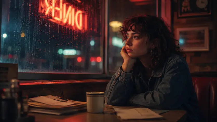 Create a cinematic portrait of a young woman with curly shoulder-length hair sitting alone in a diner booth at night, resting her cheek on her hand and gazing out the window with a thoughtful expression. She is wearing a denim jacket, with a coffee cup and scattered papers on the table in front of her. A red neon sign glows in the window behind her, and rain streaks the glass. The camera is at eye level from across the table, framing her from the side. Use warm red and amber neon light against cool blue shadows for a film-still atmosphere. Shot with a 50mm lens, shallow depth of field. Use aspect ratio 16:9.