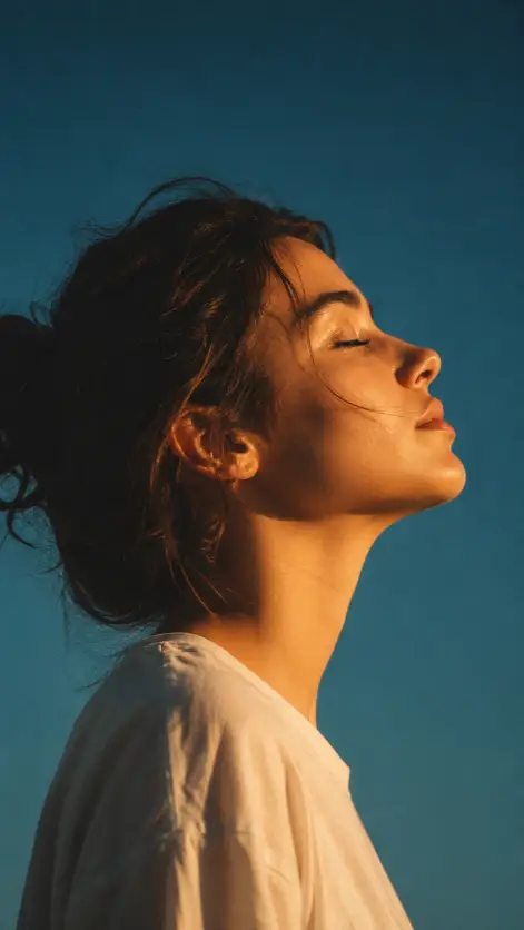 Create a cinematic side-profile portrait of a young woman with her hair loosely tied back and a few strands falling free, her face tilted upward toward the light with her eyes gently closed and a peaceful expression. She is wearing a plain white shirt. The background is a clean, deep teal-blue sky with no clutter. Warm golden light falls across the front of her face and neck, contrasting sharply with the cool blue behind her. The camera is at eye level, capturing her in full profile. Use a warm-against-cool color grade with soft vintage tones and subtle grain. Shot with an 85mm lens. Use aspect ratio 9:16.