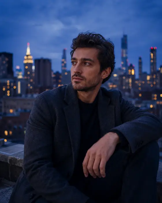 Create a cinematic portrait of a man sitting on a rooftop ledge during blue hour, one knee bent with his arm resting on it as he looks off to the side with a calm expression. He is wearing a charcoal overcoat over a dark sweater. Behind him, a city skyline glows with scattered window lights under a deep blue sky. The camera is at eye level, framing him from the waist up. Use cool blue and violet tones with a faint warm glow from the city lights and a cinematic grade. Shot with a 35mm lens, shallow depth of field. Use aspect ratio 4:5.