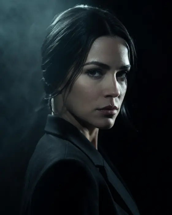 Create a cinematic portrait of a woman with sleek dark hair standing in a dark room, her face turned three-quarters toward a single light source with a serious, intense gaze. She is wearing a fitted black blazer. Soft haze fills the air, catching the light and separating her from the pitch-black background. The camera is at eye level, tight on her face and shoulders. Use a single hard key light with deep shadows, cool tones, and a high-contrast noir grade. Shot with an 85mm lens. Use aspect ratio 4:5.
