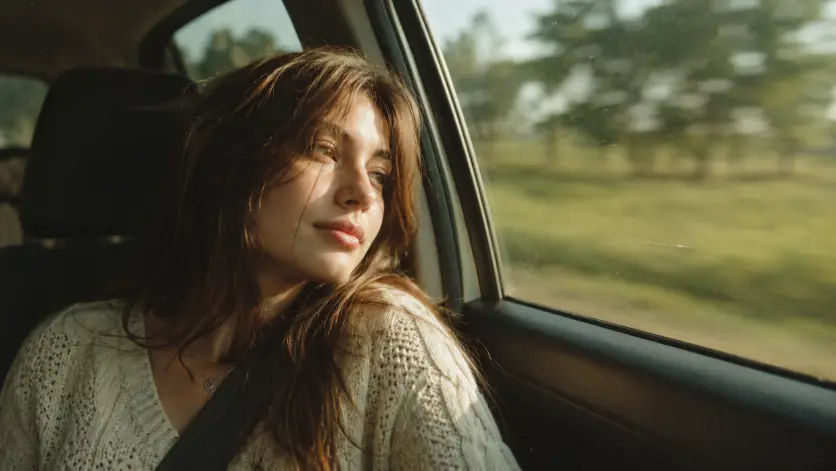 Create a cinematic portrait of a young woman sitting in the passenger seat of a car, her head resting against the window as she looks out with a soft, dreamy expression and a faint smile. She is wearing a cream knit sweater, with strands of hair lit by daylight. The background through the window is a blurred countryside of green fields and trees rushing past. The camera is at eye level from the driver's side, framing her from the chest up. Use warm natural daylight with a soft, faded film grade and gentle grain. Shot with a 50mm lens, shallow depth of field. Use aspect ratio 16:9.