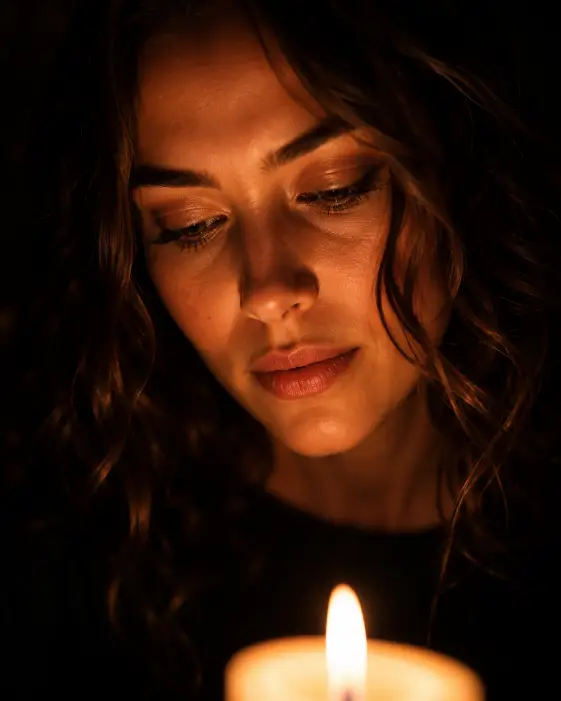 Create a cinematic close-up portrait of a woman with loose wavy hair looking down toward a candle, her face softly lit from below with a gentle, reflective expression. She is wearing a simple dark top. The background is almost completely black, with only the warm glow of the candle flame illuminating her features. The camera is at eye level, very tight on her face. Use warm orange candlelight with deep falloff into shadow and a rich, moody grade. Shot with an 85mm lens, very shallow depth of field. Use aspect ratio 4:5.