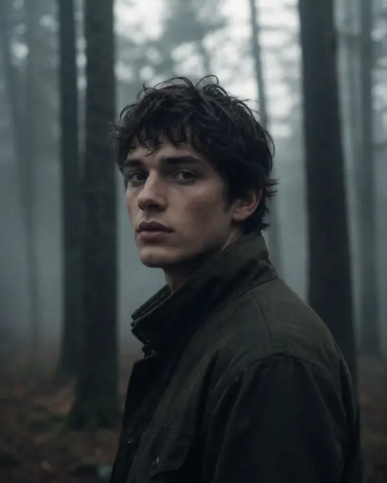 Create a cinematic portrait of a young man standing among tall trees in a foggy forest at dawn, looking slightly past the camera with a quiet, thoughtful expression. He is wearing a dark olive jacket with the collar up. Layers of soft mist hang between the trees behind him, fading the background into pale grey. The camera is at eye level, framing him from the chest up. Use cool, desaturated tones with soft diffused light and a subtle film grain for a still, moody feel. Shot with a 50mm lens, shallow depth of field. Use aspect ratio 4:5.
