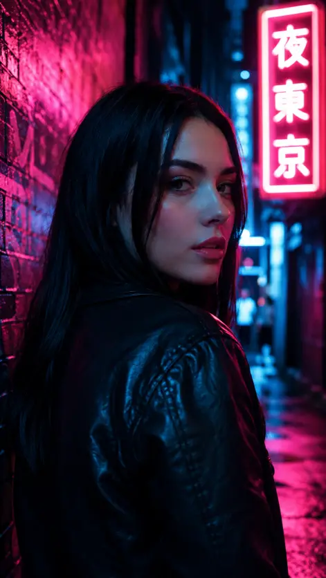 Create a cinematic portrait of a woman with straight dark hair standing in a narrow alley at night, her body angled away while she looks back over her shoulder at the camera with a confident expression. She is wearing a black leather jacket. Pink and blue neon signs on the wet brick walls cast colored light across her face and the background. The camera is at eye level, close on her upper body. Use saturated pink and teal neon light with deep shadows and a glossy cinematic grade. Shot with a 35mm lens, shallow depth of field. Use aspect ratio 9:16.