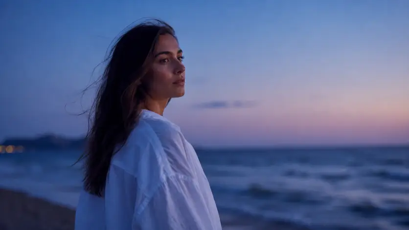 Create a cinematic portrait of a young woman standing on a quiet beach at dusk, looking out toward the sea with her hair moving slightly in the wind and a peaceful expression. She is wearing an oversized white linen shirt. The background is a soft gradient sky in shades of blue and lavender meeting a calm horizon, with gentle waves out of focus. The camera is at eye level, framing her from the waist up off to one side of the frame. Use cool blue-hour tones with a faint warm glow on her skin and a soft film grade. Shot with a 50mm lens. Use aspect ratio 16:9.