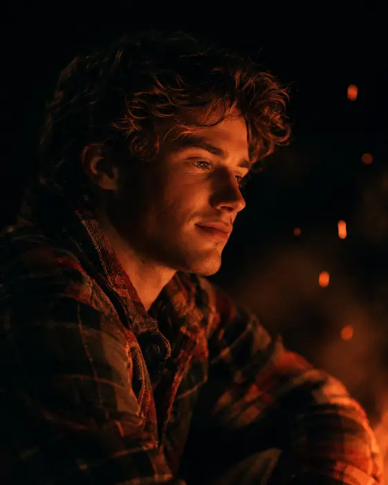 Create a cinematic portrait of a young man sitting outdoors at night near a campfire, his face warmly lit from the side as he gazes into the flames with a relaxed expression. He is wearing a heavy flannel shirt. The background is deep darkness with faint orange flickers and tiny sparks drifting upward. The camera is at eye level, close on his face and shoulders. Use warm flickering firelight with rich orange tones falling off into black and a soft cinematic grade. Shot with an 85mm lens, shallow depth of field. Use aspect ratio 4:5.