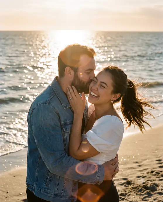 Create a photo of a couple embracing on a beach with the ocean sparkling behind them, the man leaning in to kiss the woman's cheek while she laughs with her eyes closed and holds his face with one hand. He is wearing a denim jacket and she is wearing a white puff-sleeve top with small hoop earrings, her dark ponytail catching the wind. Shoot at eye level, close framing, with strong backlight from the low sun creating heavy lens flare and a soft glowing haze over the frame. Faded, warm film tones with a nostalgic candid feel. Use aspect ratio 4:5.