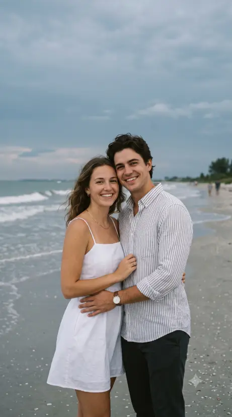 Create a black and white close-up portrait of a couple with their faces layered, the man in the front right of the frame partially cropped and the woman standing just behind his shoulder on the left, both looking directly into the camera with calm, intense expressions. The man has short dark curly hair and a trimmed beard, and the woman has long loose curly hair falling around her face. Both wear plain dark shirts. Shoot at eye level, extremely tight framing so their faces fill the frame edge to edge. Soft directional studio light with fine film grain and deep contrast. Moody editorial photography style. Use aspect ratio 4:5.