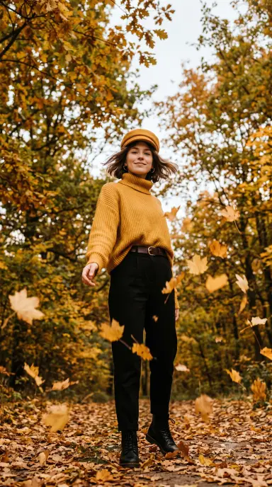 Mustard Sweater and Falling Leaves