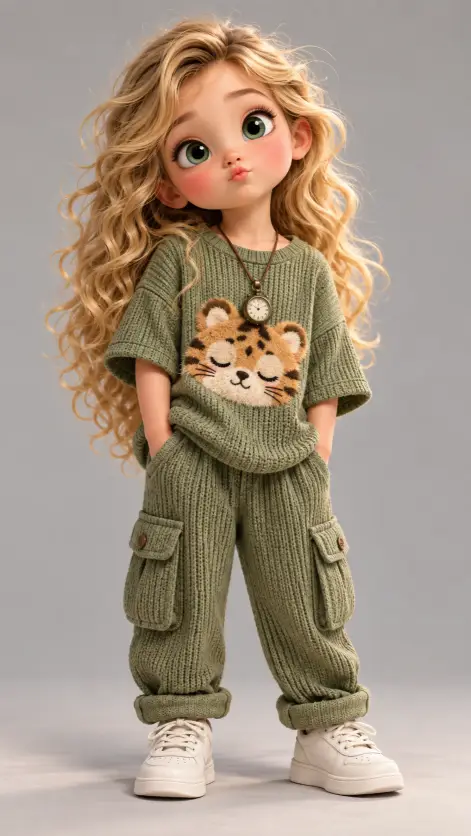 Curly Haired 3D Doll Girl in Sage Knits