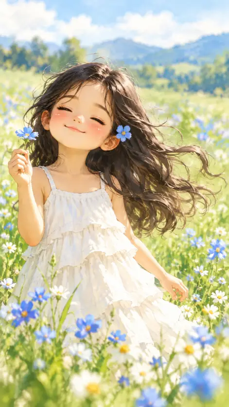Little Girl in a Blue Flower Meadow