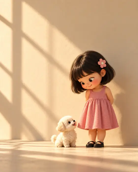 Little Girl and Her Puppy in Window Light