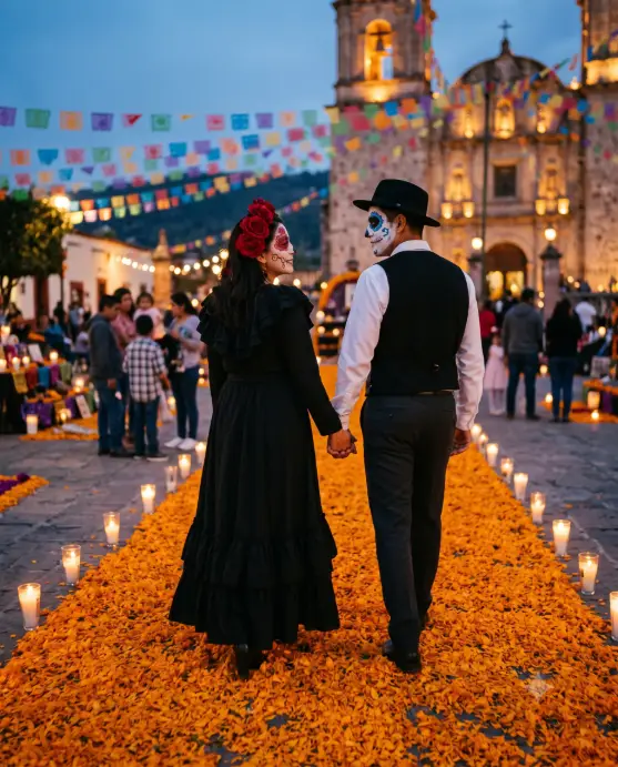Couple Walking Through a Marigold Path